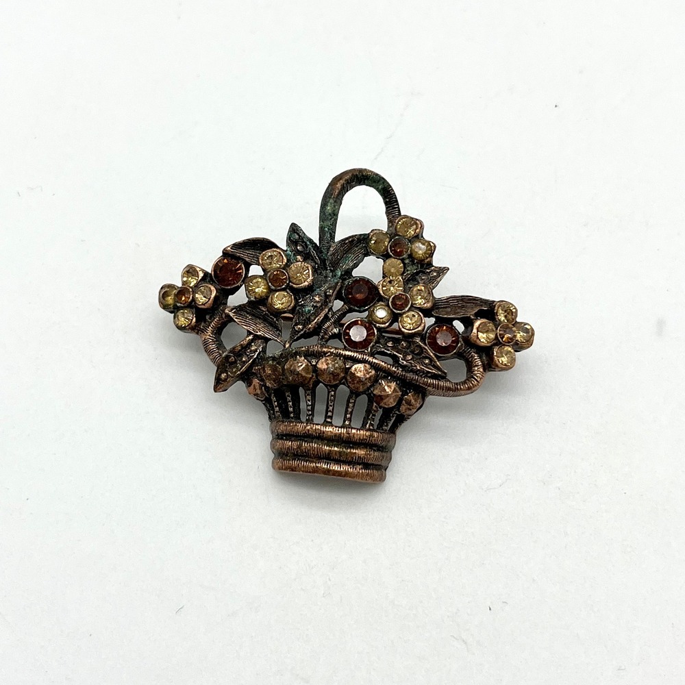 Vintage‎ Flower Basket Brooch Rhinestone Floral Pin Copper Tone Small